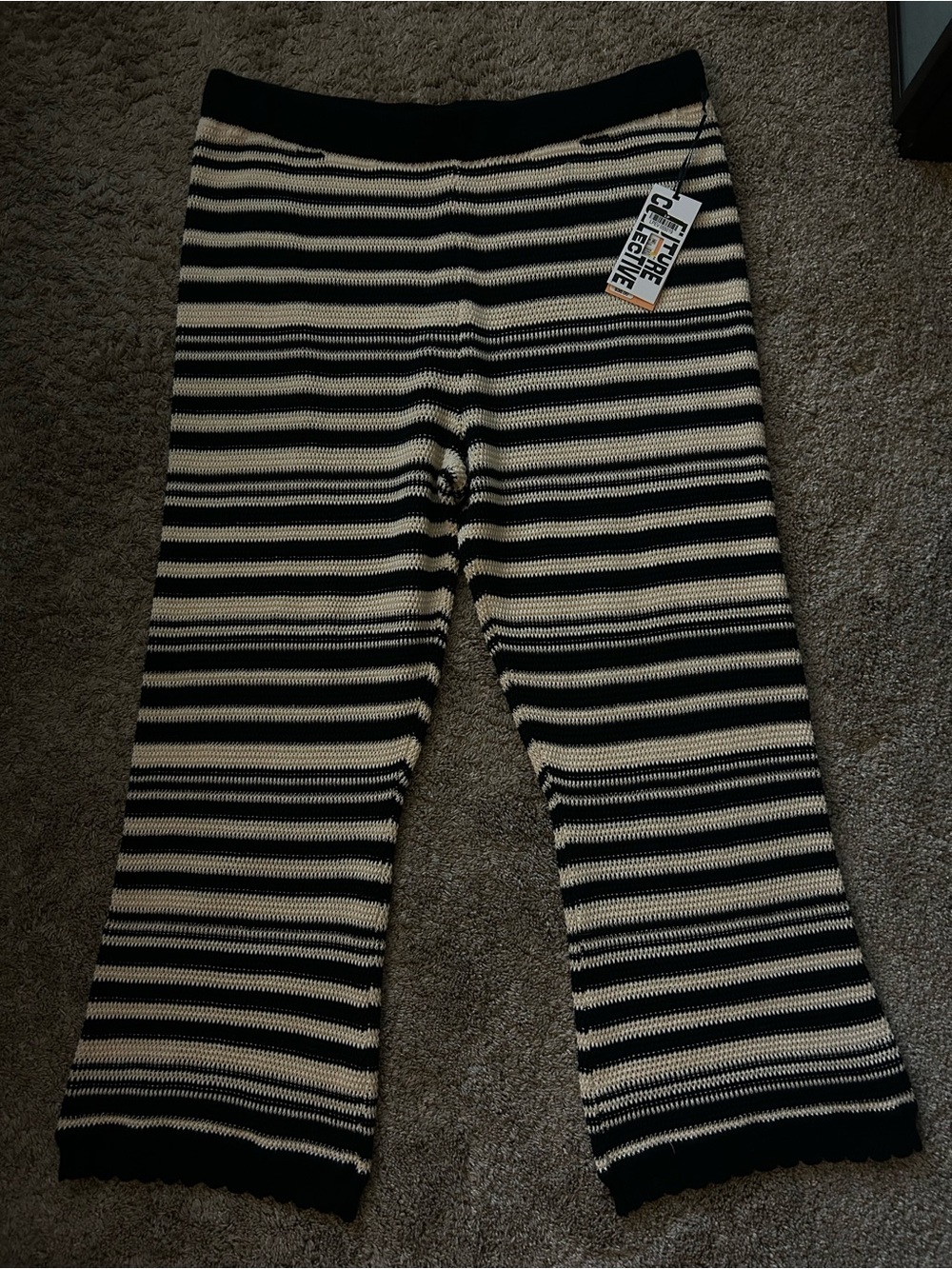 Wide Leg Knit Stripe Pants - Black & Cream